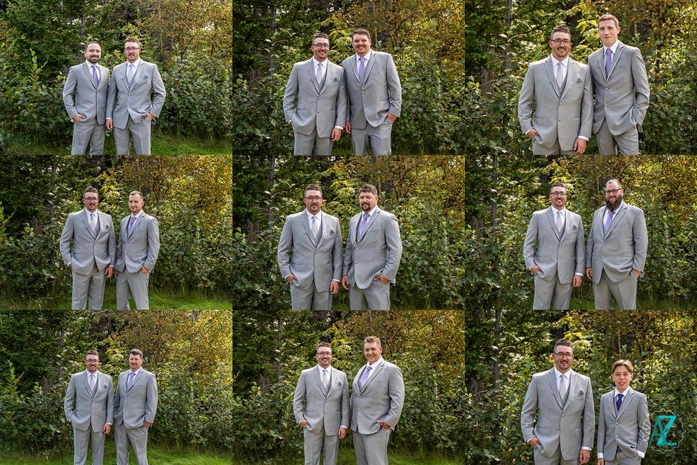 Collection of paired formal portraits featuring grey-suited wedding party members.