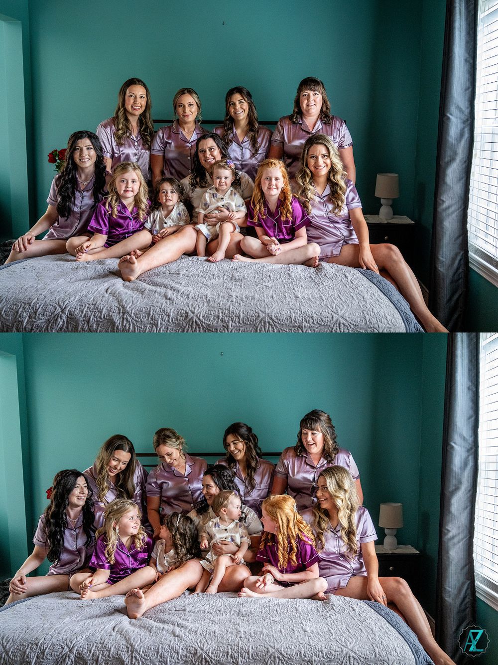 A group wearing coordinated purple and lavender outfits poses together on a bed for wedding photos.