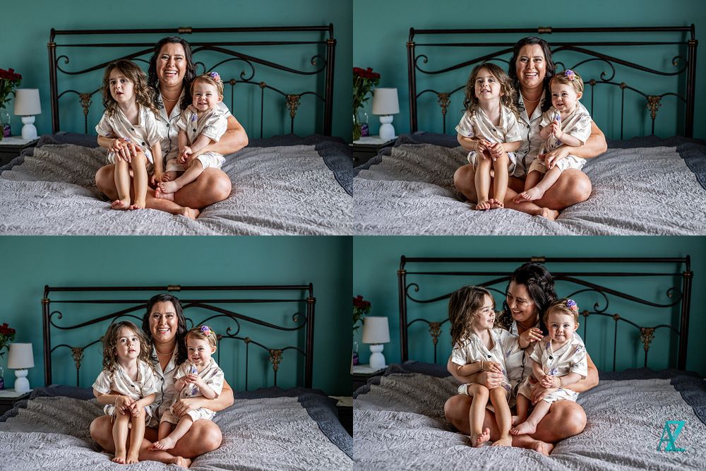 A four-panel collage shows heartwarming moments between people in matching floral robes on a bed.