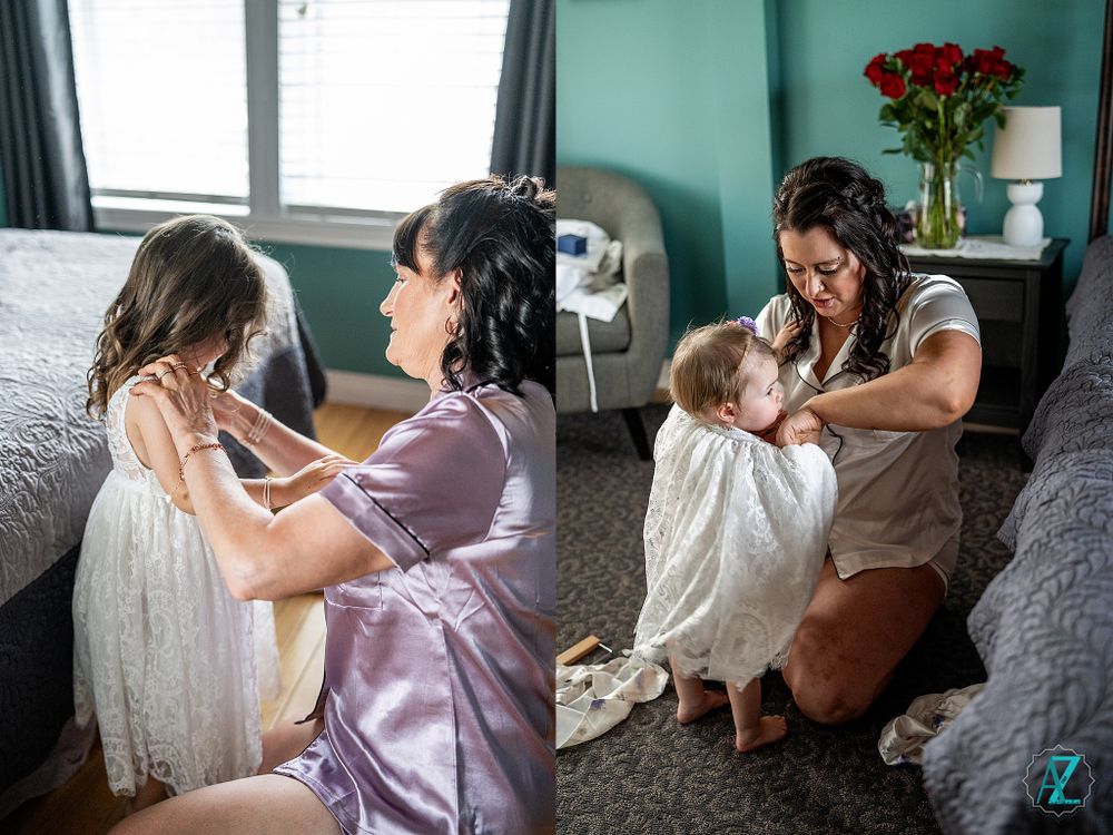 A diptych shows intimate getting ready moments in a room with teal walls.