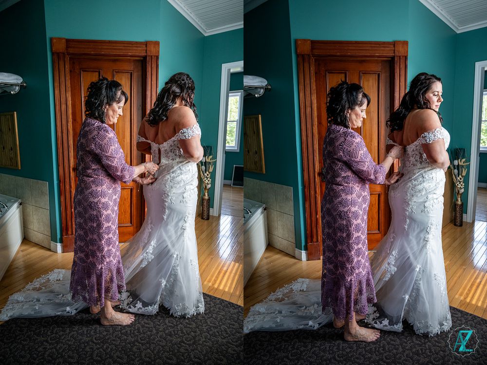 Side-by-side photos show the final adjustments of a white lace wedding dress.