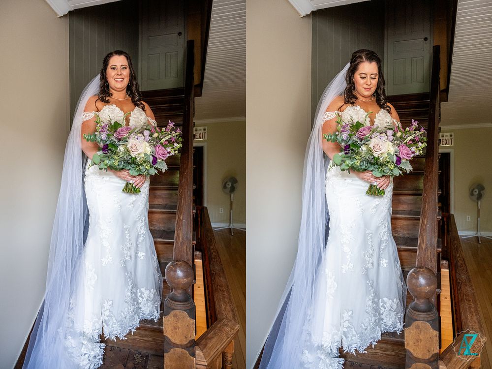 Side by side photos of a bride in a lace gown holding a colorful bouquet on wooden stairs.