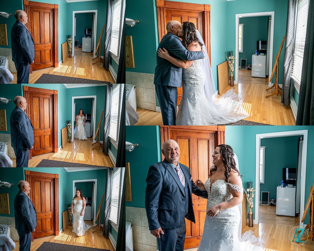 Wedding day first look moments captured in a room with turquoise walls.