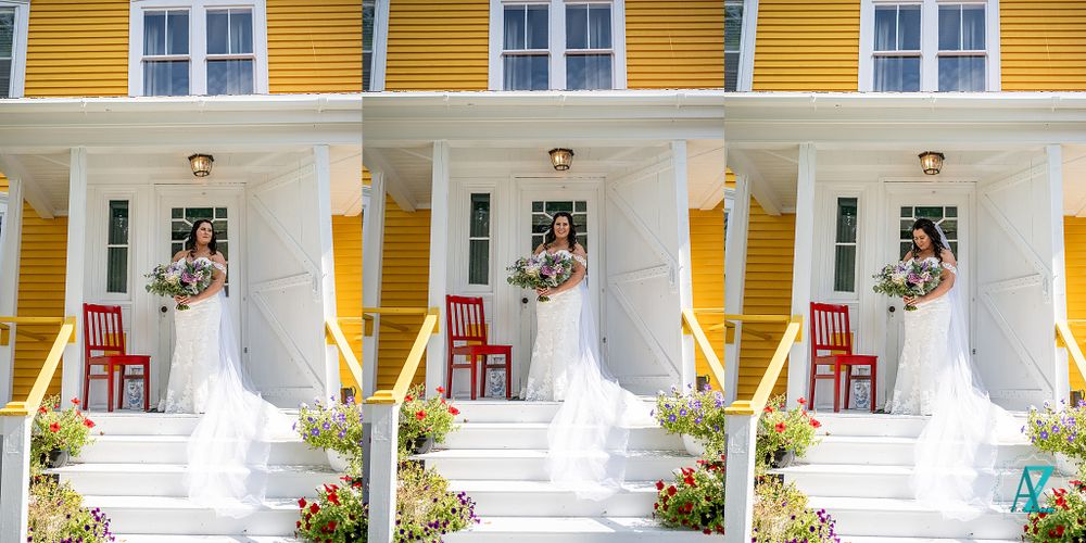 Three identical shots of a bride on the porch of a bright yellow house.