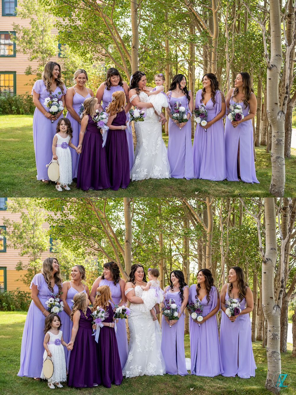 Bridesmaids in lavender and deep purple dresses pose with bride in white gown among aspen trees at outdoor wedding.