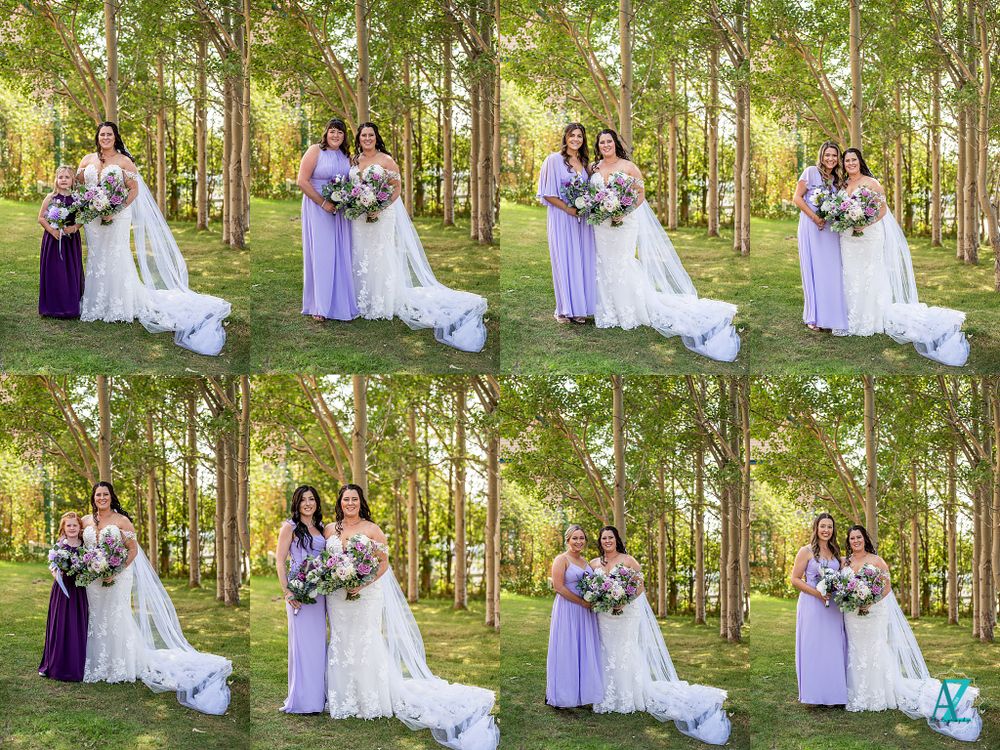 Series of photos showing wedding party in purple dresses posing in different groupings among aspen trees.