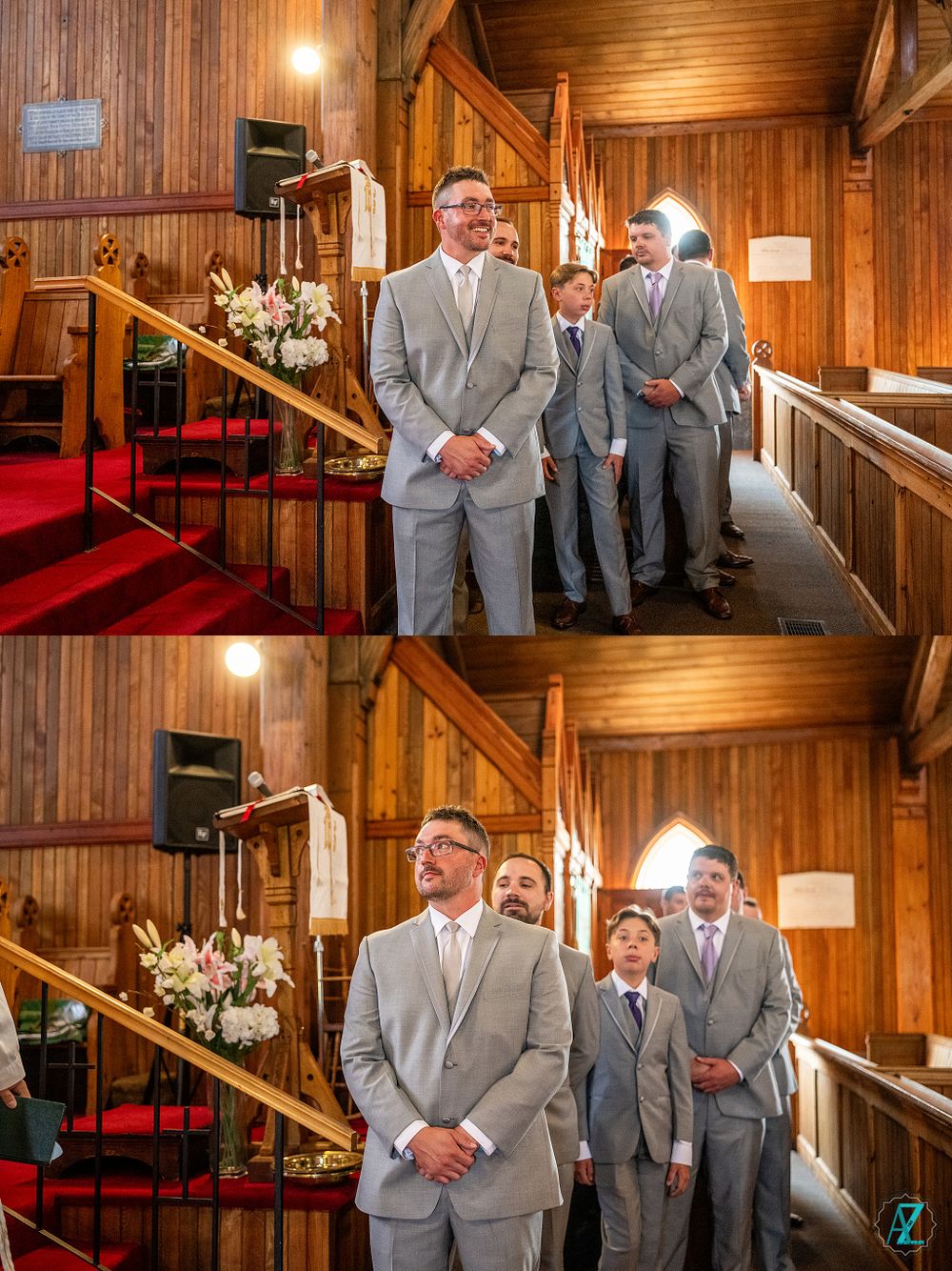 Men in light gray suits standing in church before wedding ceremony begins.