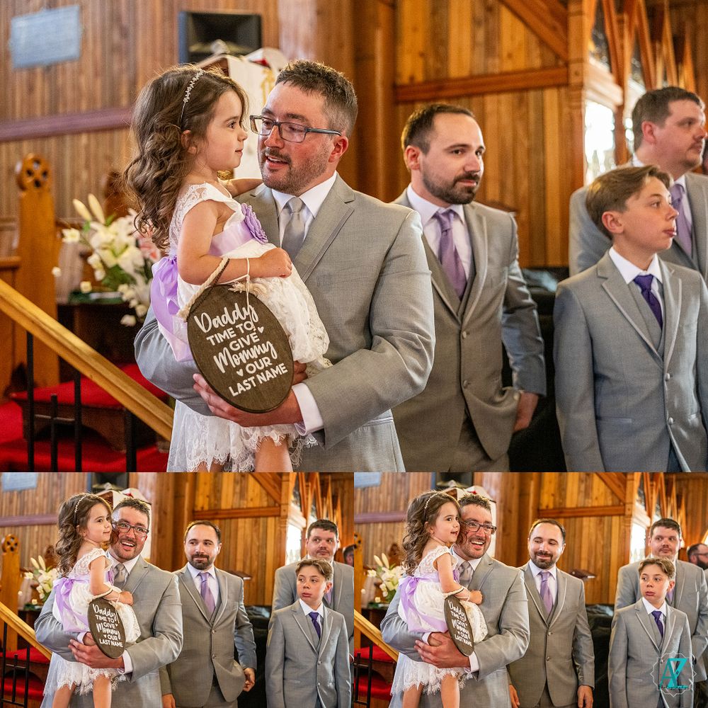 Multiple angles of wedding party members standing at church altar in gray suits.