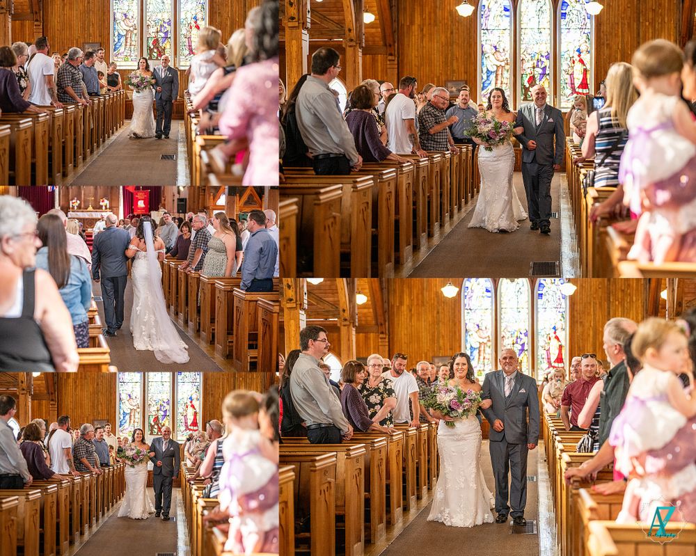 Collage of wedding ceremony moments in a wooden church with guests seated in pews.
