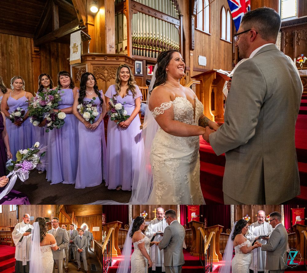 A wedding ceremony takes place in a historic church with purple-clad bridesmaids looking on.