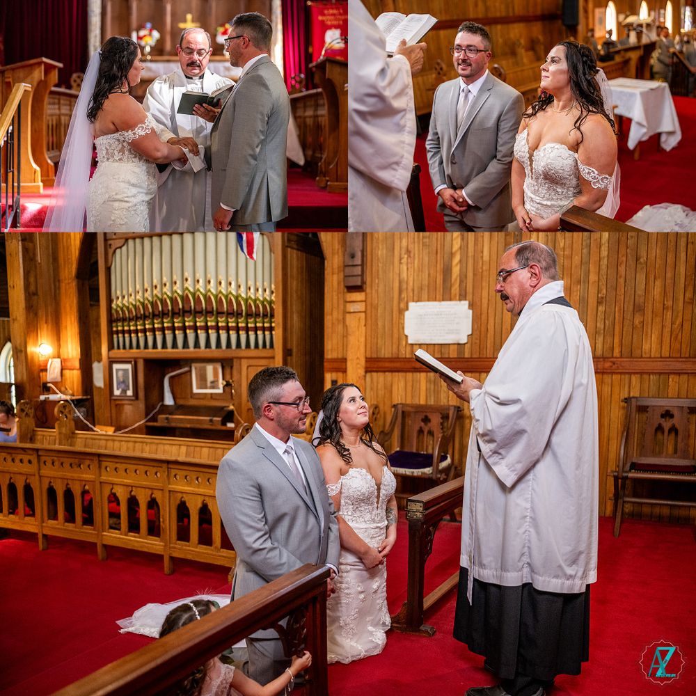 Multiple moments from a traditional church wedding ceremony with red carpet and wooden pews.