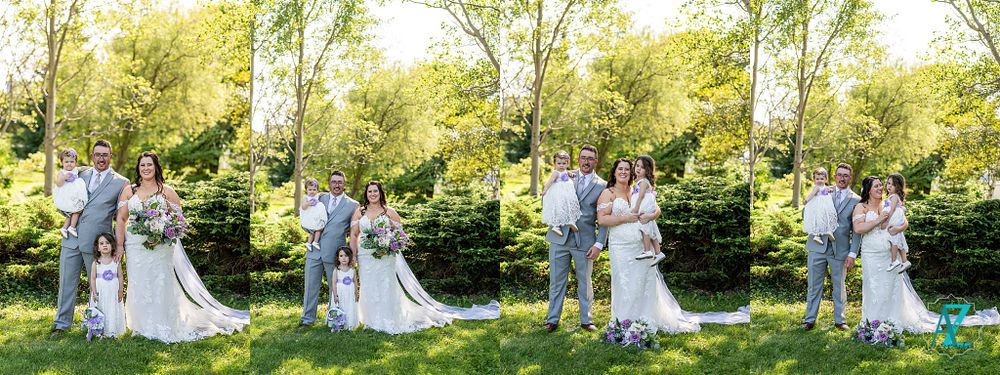 Wedding couple and attendants pose for outdoor portraits in a sunlit garden setting.