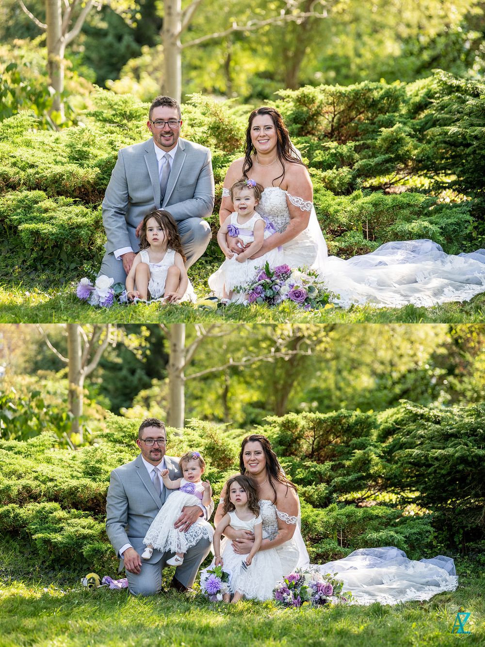 Wedding portrait of family sitting on grass with beautiful garden backdrop in two similar poses.