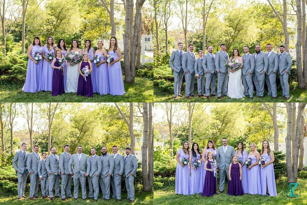 Wedding party in purple dresses and gray suits pose for formal group photos in a sunny garden setting.