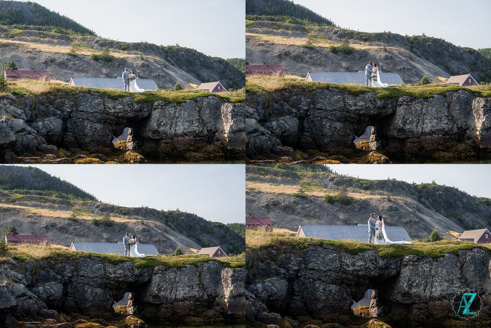 Dramatic coastal wedding photos on rocky cliffs overlooking the ocean.