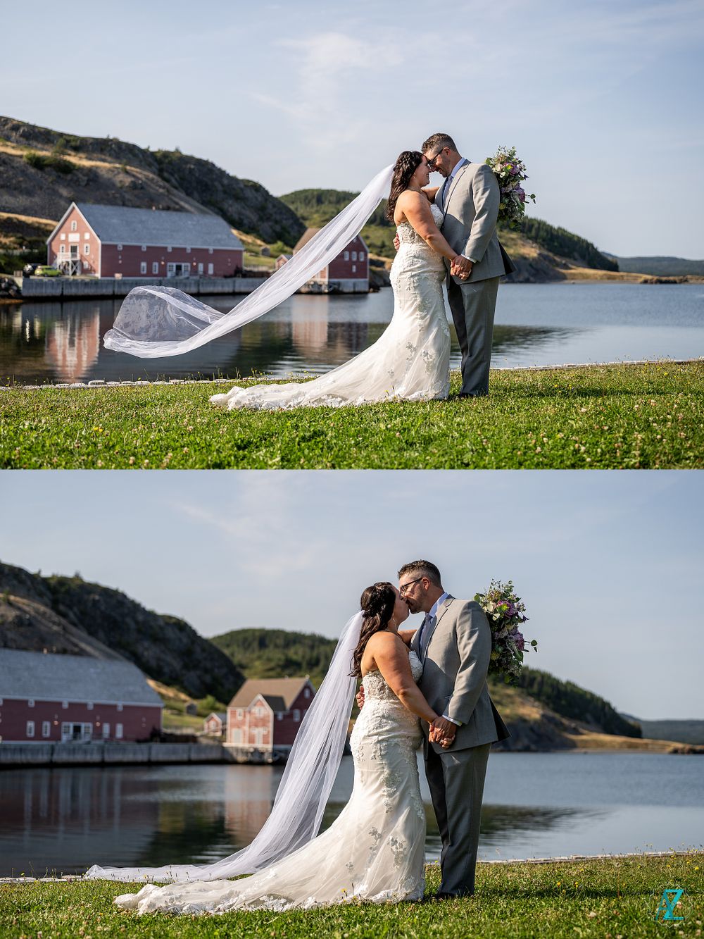Wedding couple poses by lakeside with flowing veil and red barn in background during sunset.
