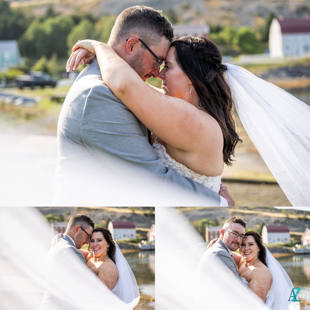 Romantic wedding portraits capturing intimate moments by the water with flowing veil.