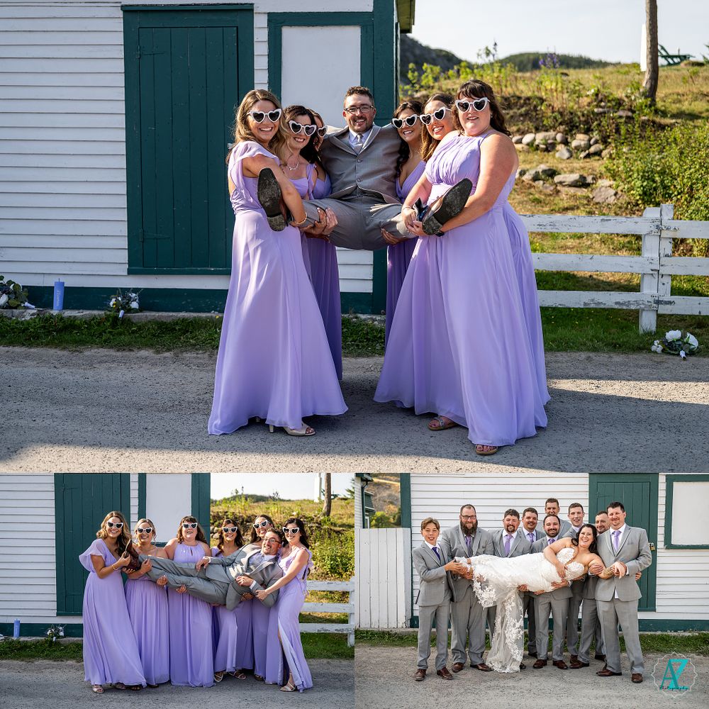 Wedding party in lavender dresses and gray suits pose playfully outside white building.