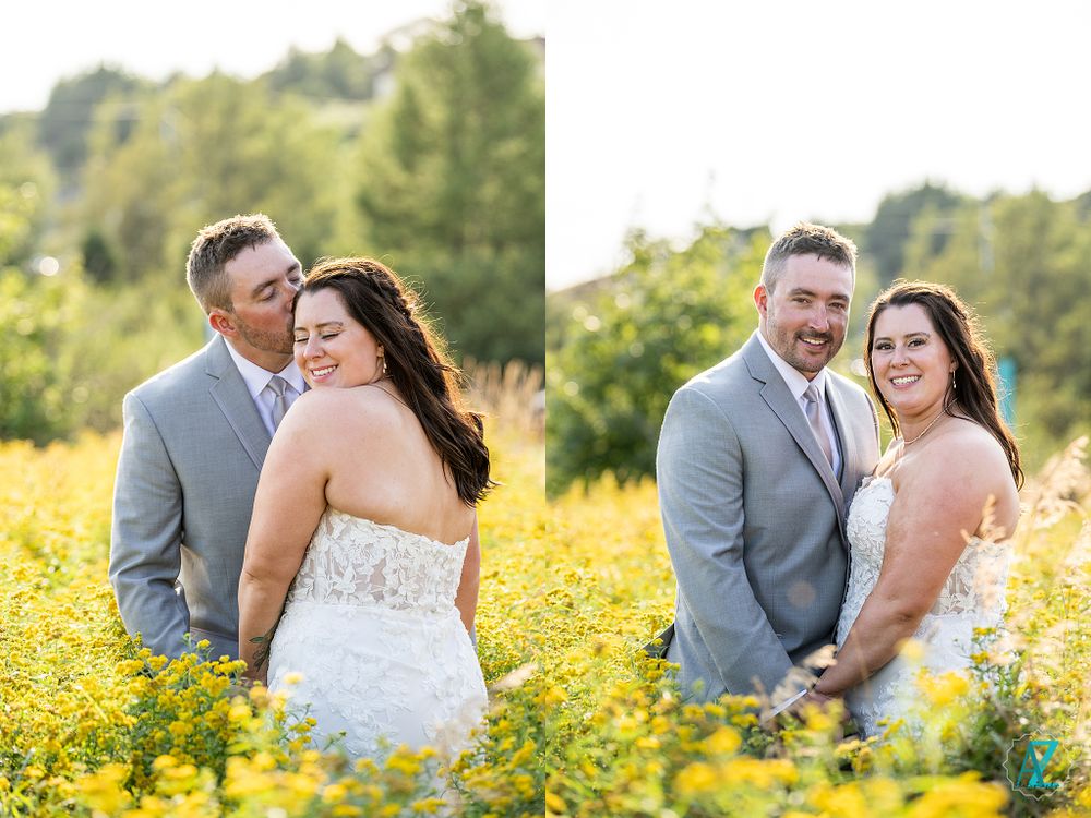 Two romantic portraits of newlyweds in a sunlit field of yellow wildflowers.