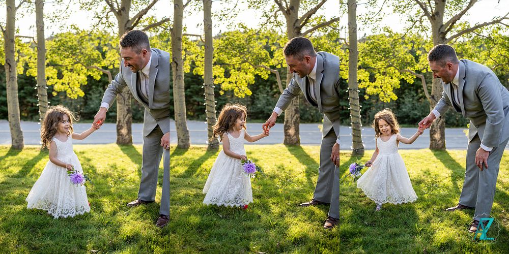 A creative wedding photo collage showing playful interactions in an outdoor setting.