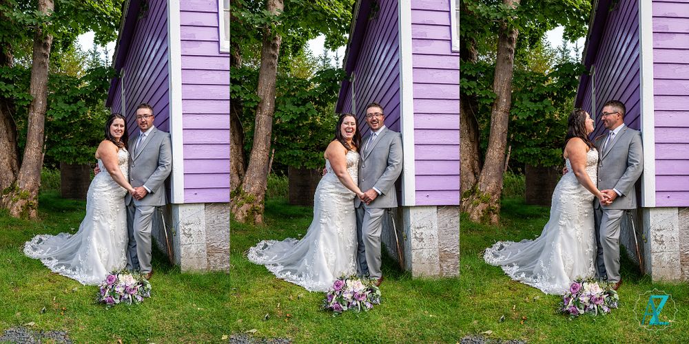 Three wedding portraits against a purple house with natural greenery.