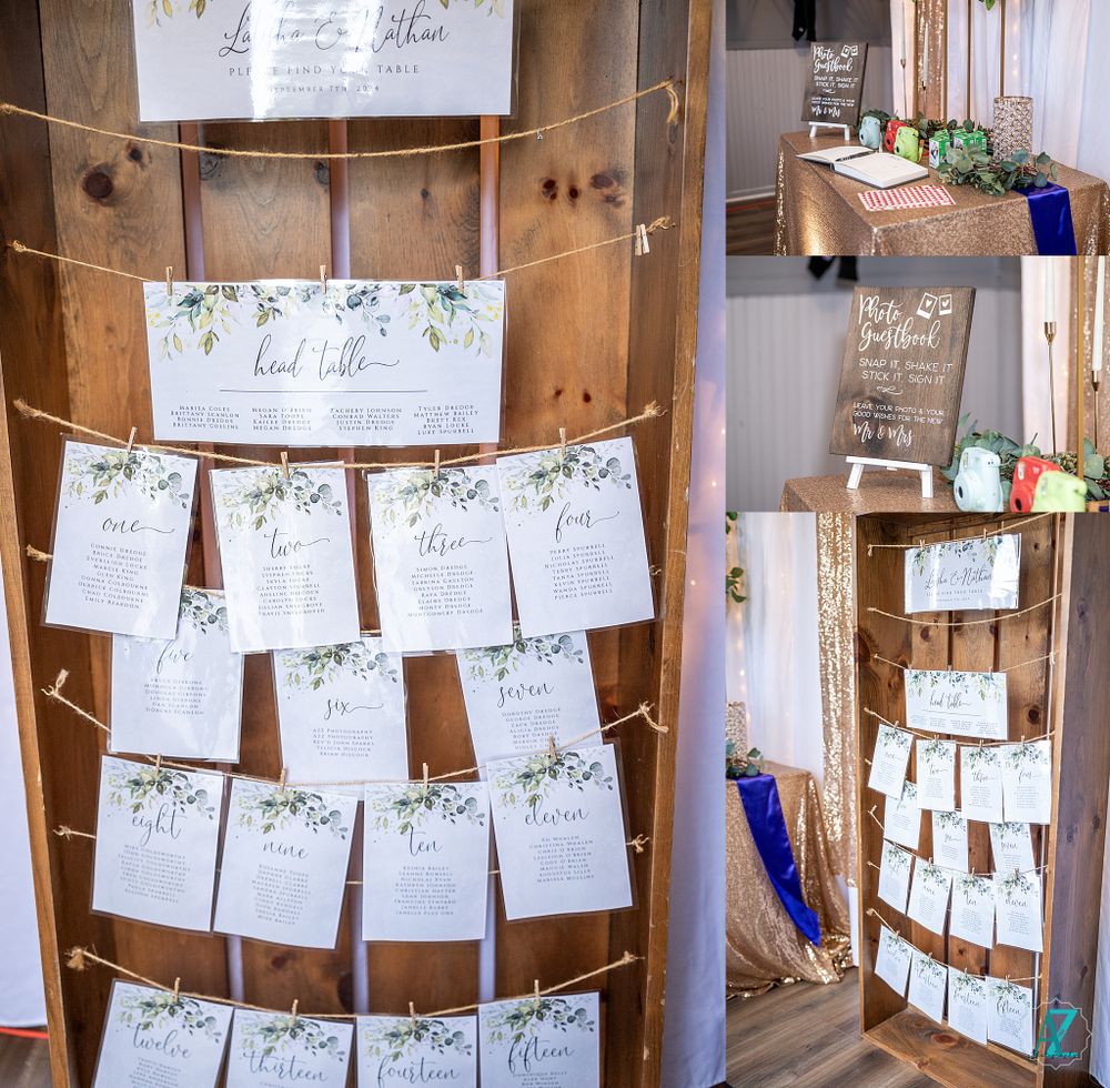 Rustic wooden seating chart display with floral-decorated cards arranged in rows.