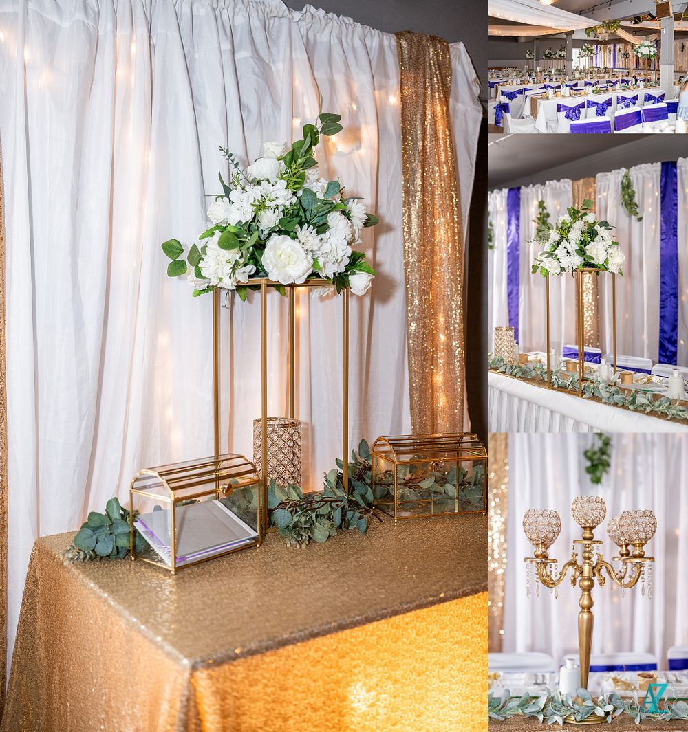 Wedding reception decor with gold sequin tablecloths, white floral arrangements, and crystal candelabras.