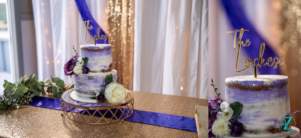 Wedding cake display with purple ribbon accents and gold decorative elements.