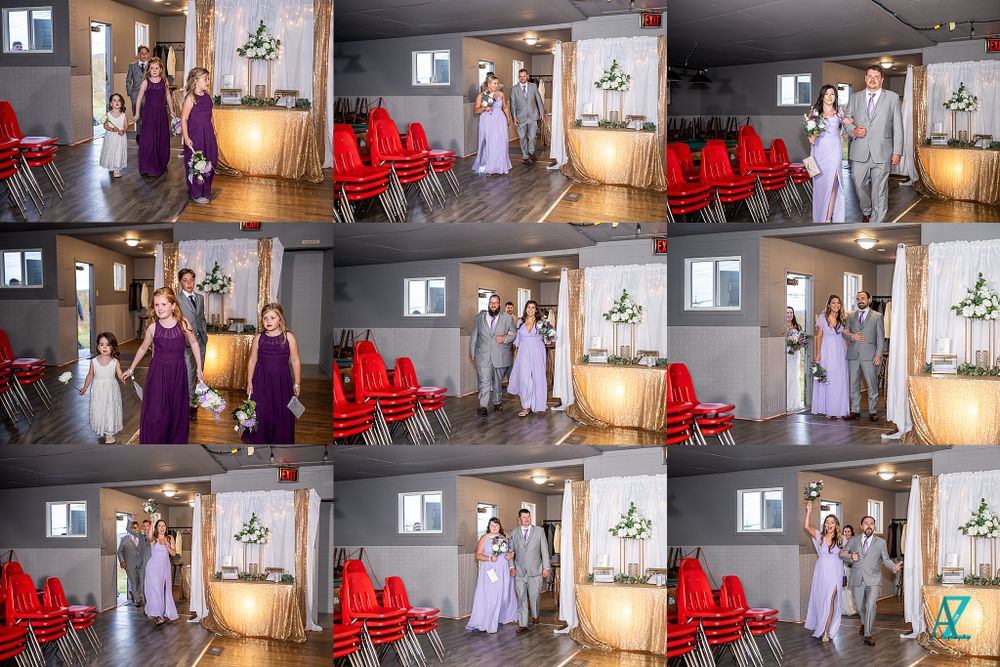 Wedding party poses in venue space with red chairs and ambient lighting in multiple candid shots.