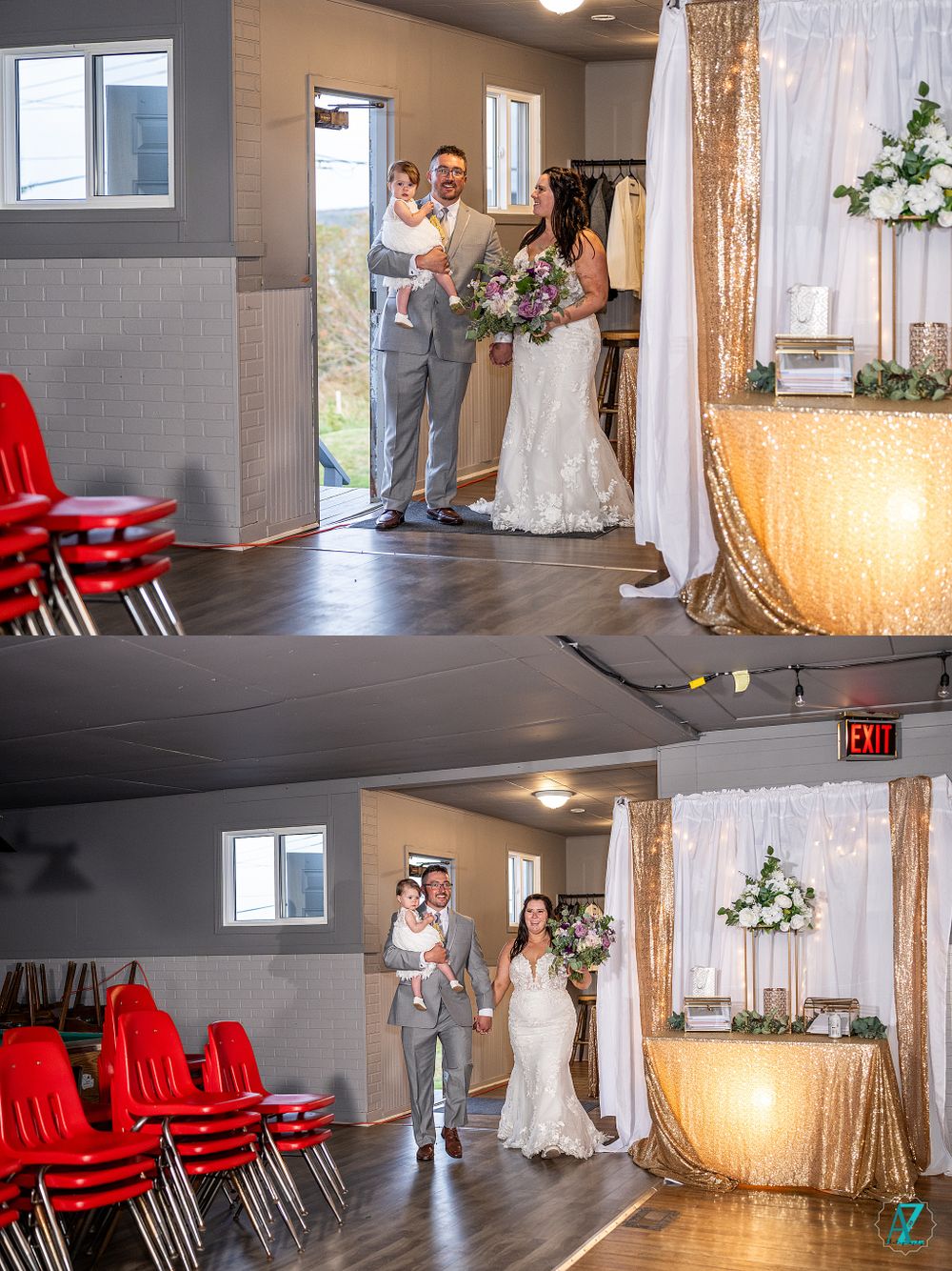 Wedding party makes their grand entrance into the reception venue decorated with white curtains and red chairs.