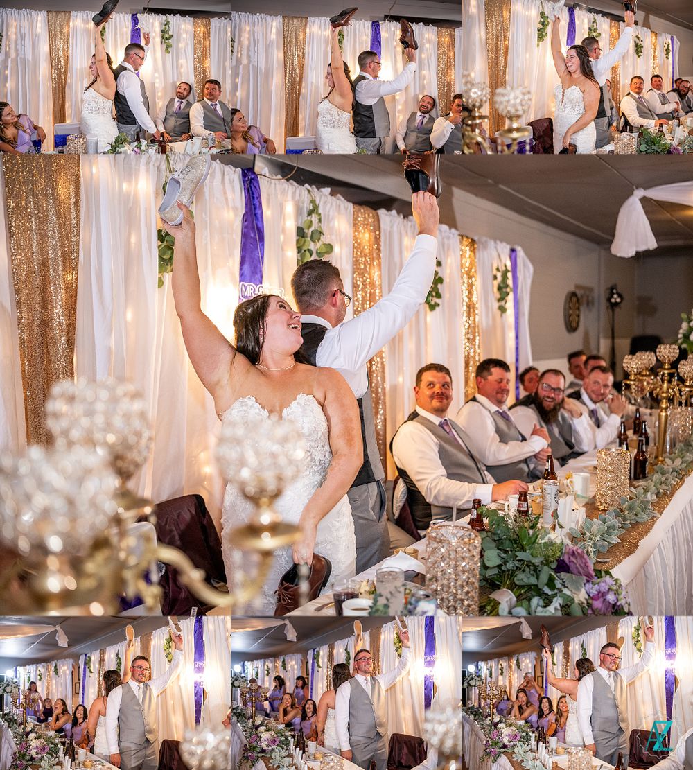 Reception montage showing celebratory toasts and joyful moments at the decorated head table.