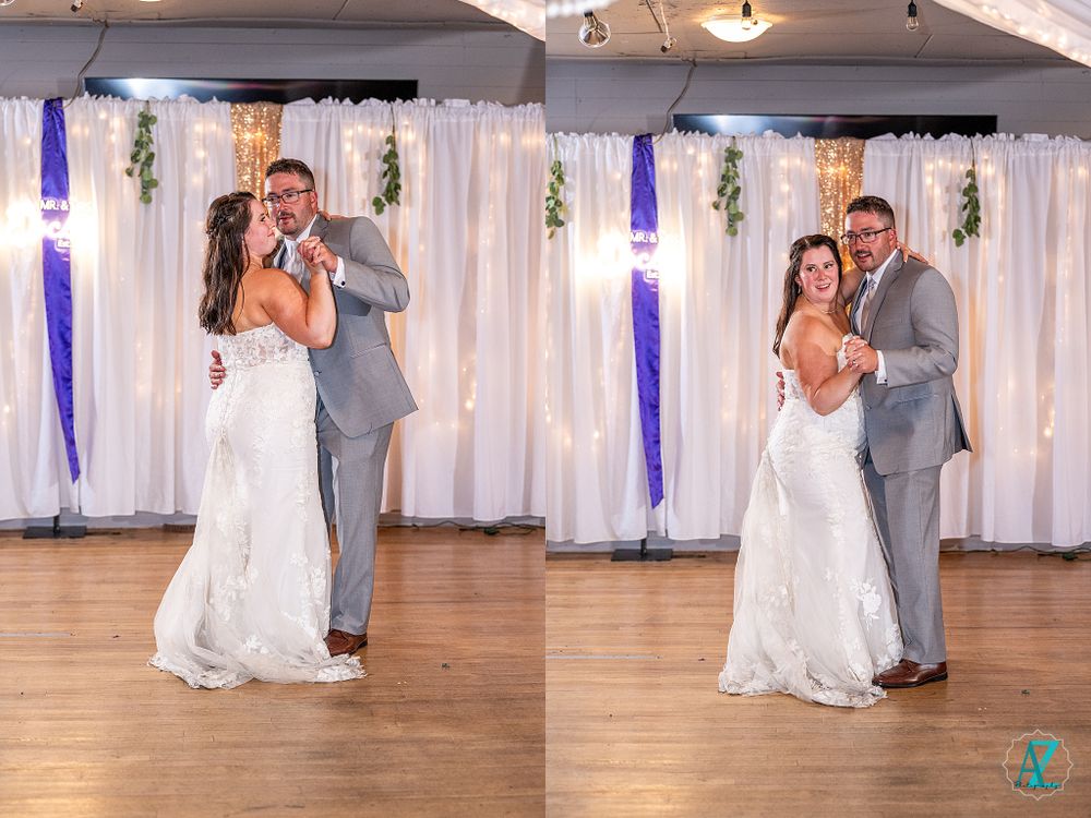 A wedding couple dancing together under white curtains and purple accents at their reception.