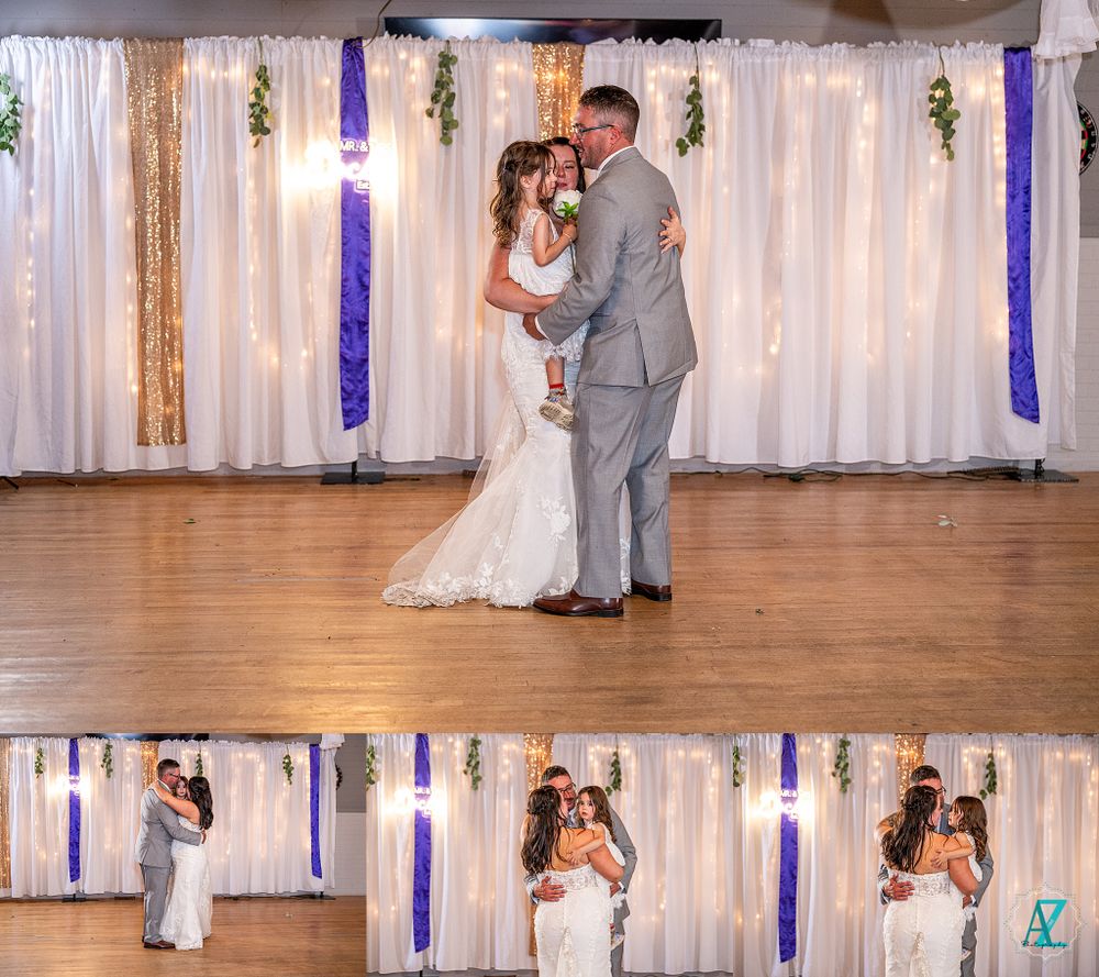 Sequence of romantic wedding dance photos showing couple swaying on wooden dance floor.