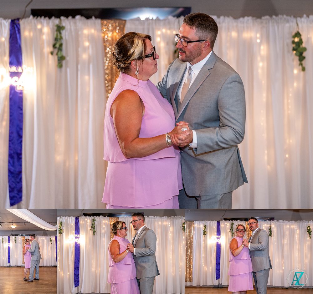 Multiple images of a wedding dance with couple in grey suit and pink dress against white backdrop.