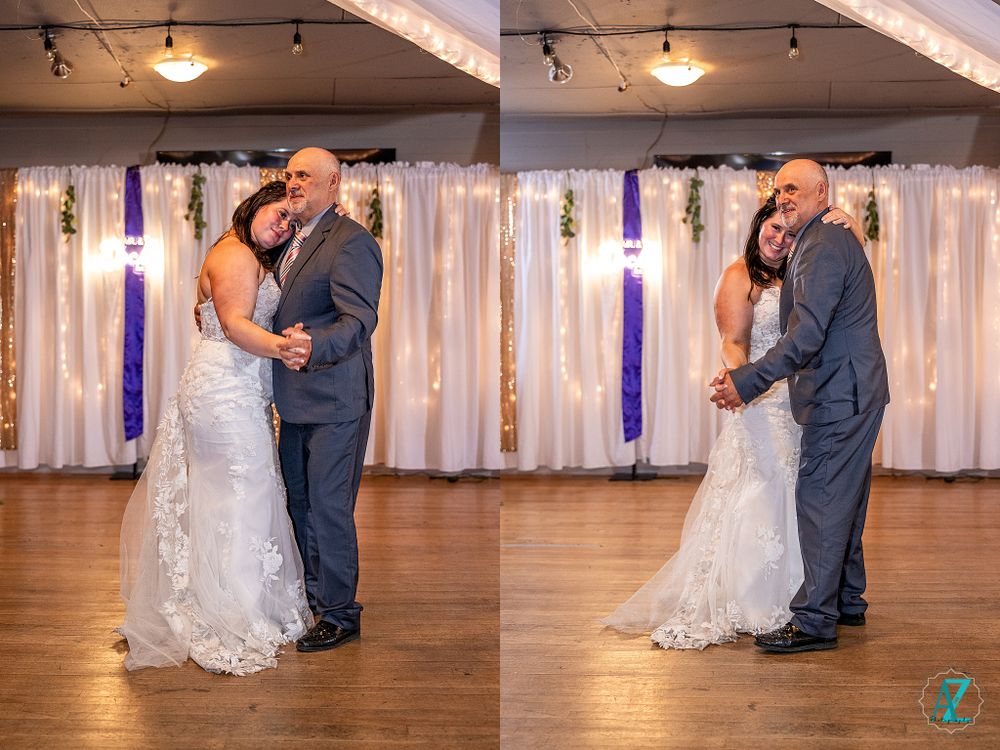 Side-by-side photos of wedding couple's intimate dance on hardwood floor.
