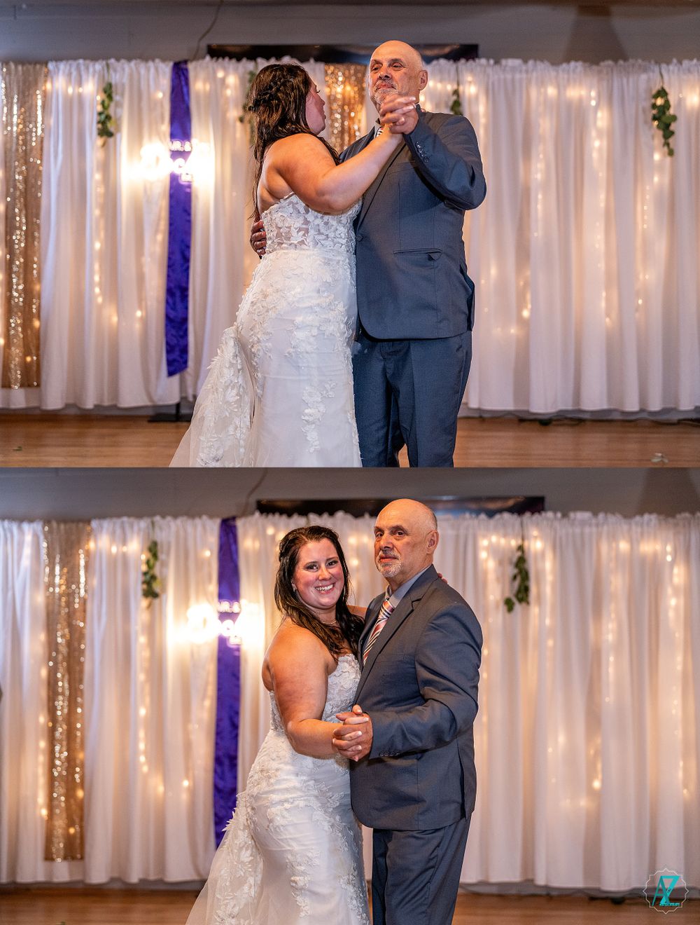Wedding dance photos showing couple in formal attire against white backdrop with string lights.
