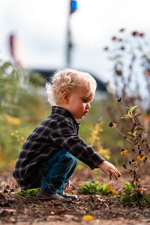 Toddler with blonde hair in plaid shirt crouching outdoors, exploring wildflowers and plants in a garden setting.