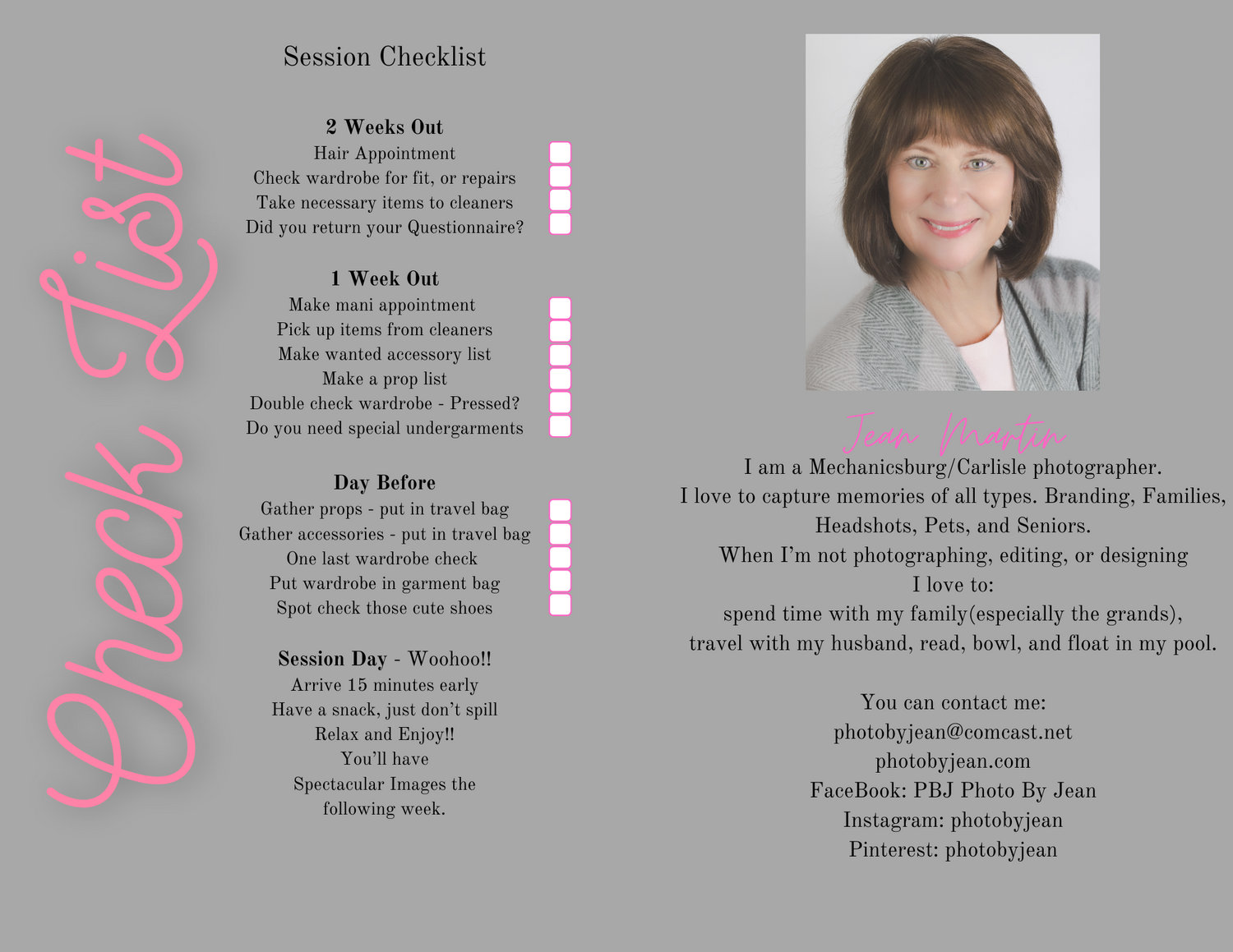 A professional photography session checklist with branding elements in pink and gray colors.