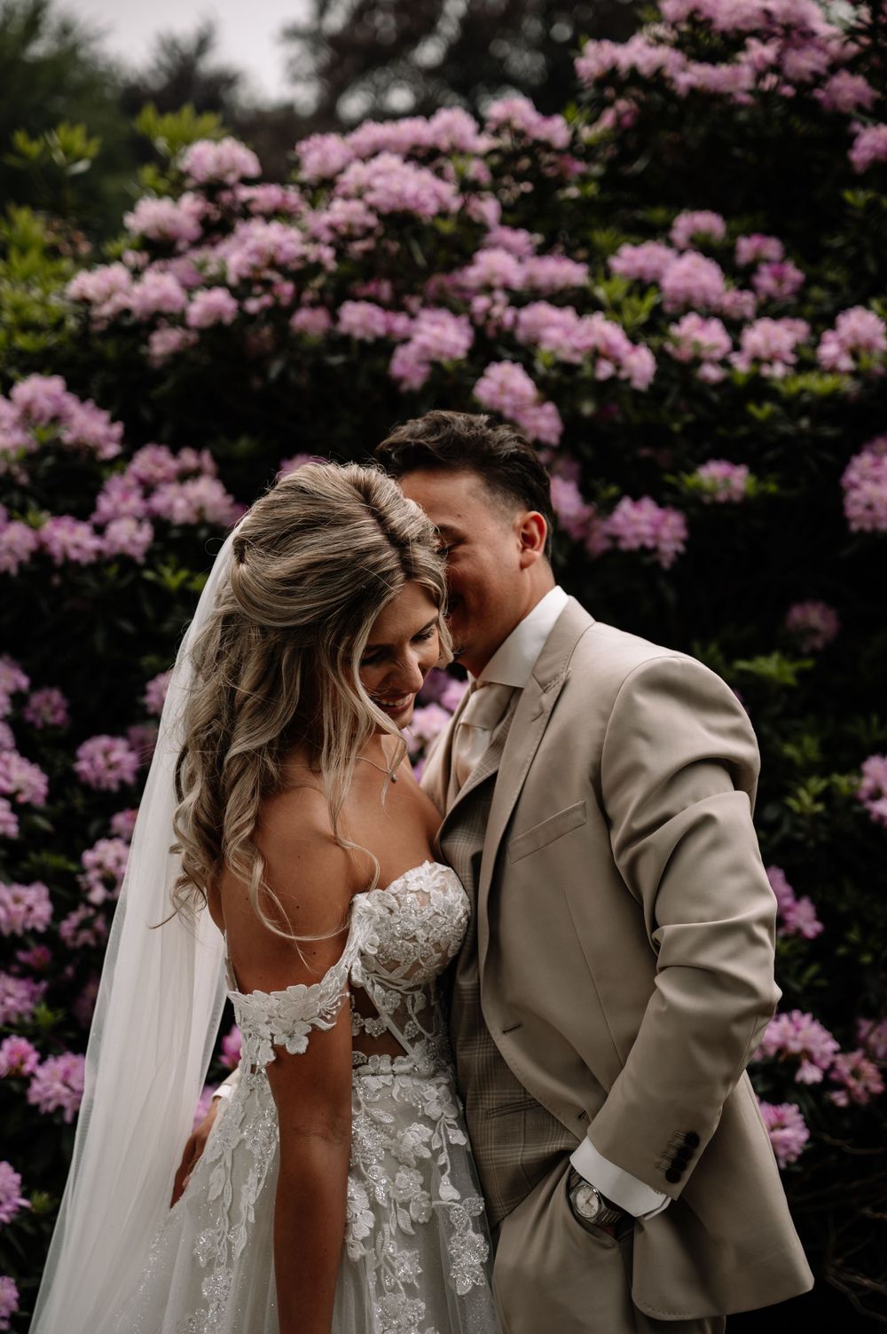 Wedding couple embraces in front of blooming pink rhododendron bushes.