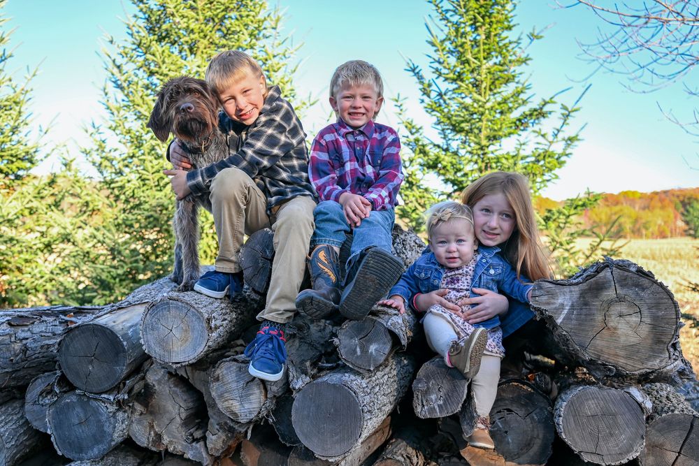 Four smiling children and a shaggy brown dog sit together on a stacked pile of cut logs in front of evergreen trees on a sunny day.