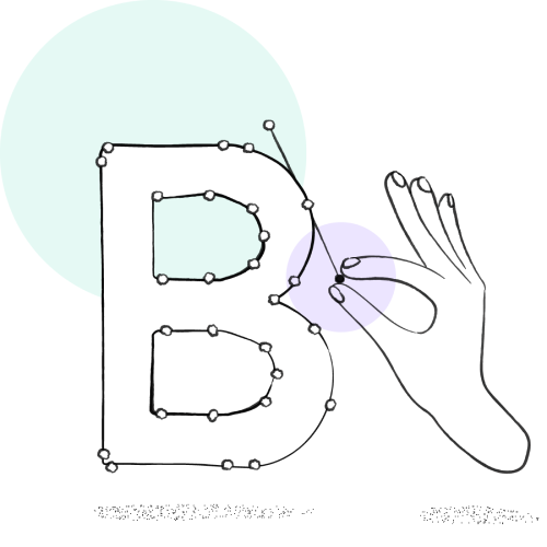 Hand-drawn letter B with vector anchor points and an OK hand gesture beside it.