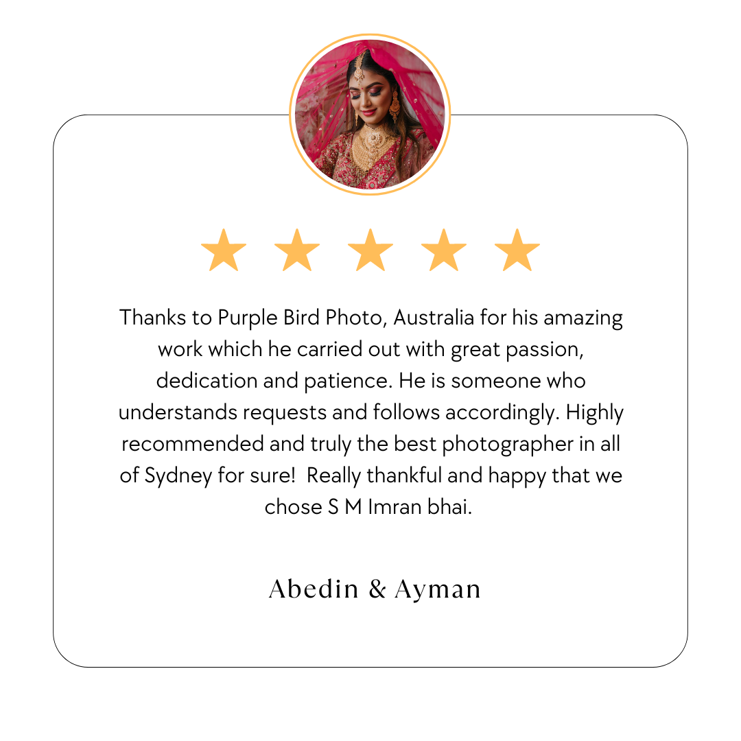 A 5-star customer testimonial with a small circular portrait photo praising Purple Bird Photo Australia.