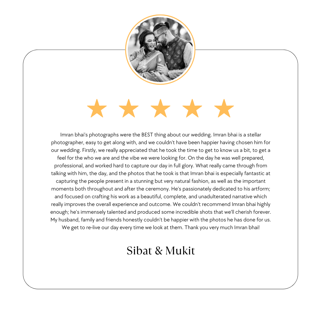 A wedding photography review card displaying 5 stars and client testimonial.