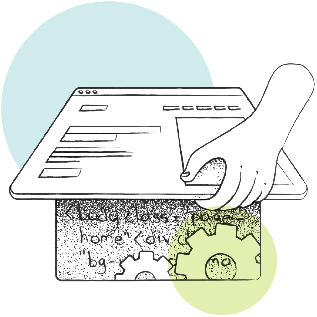 Hand lifting a webpage over code and gears, illustrating web development and CMS concepts.