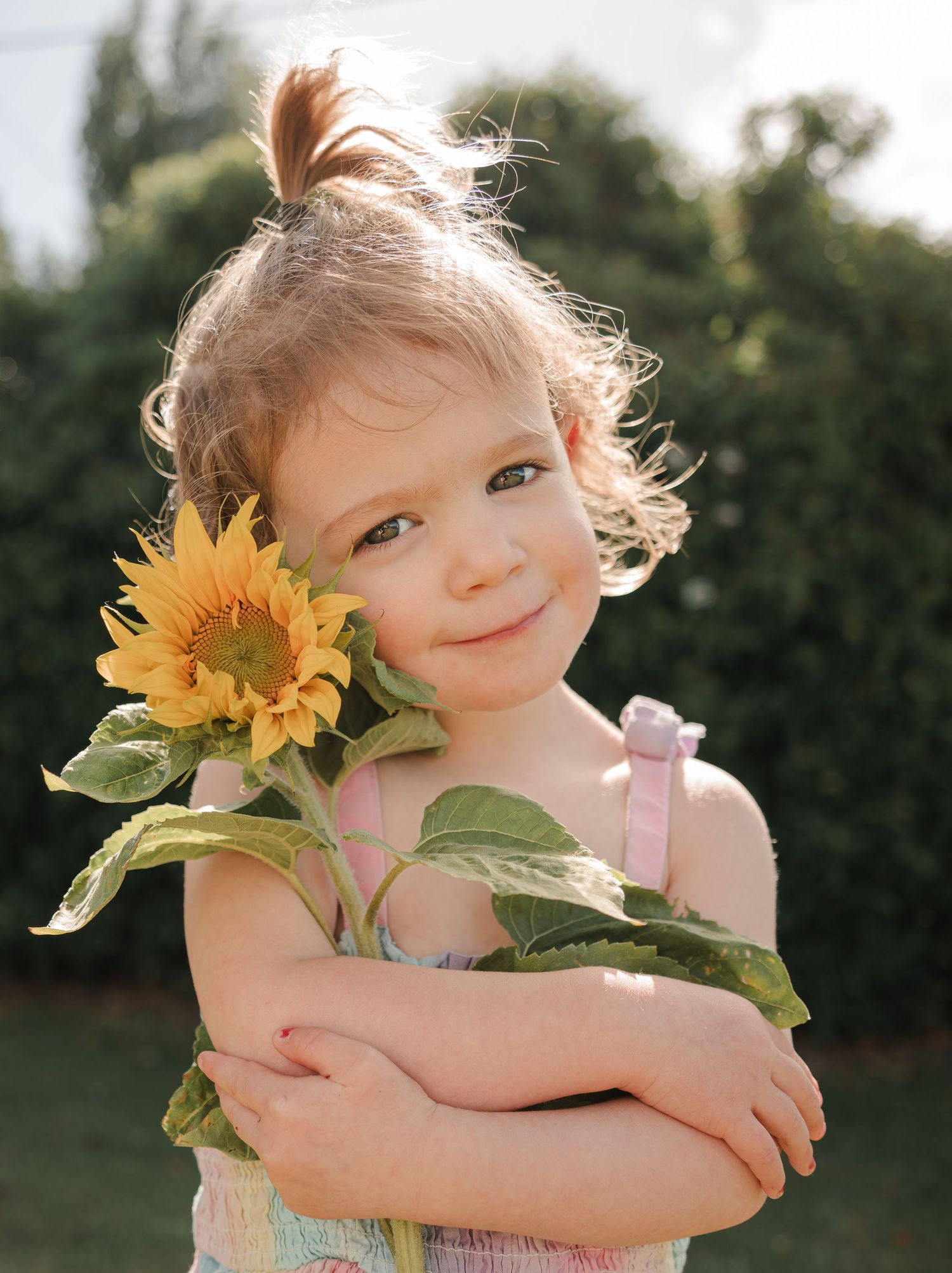 Cute toddler holding a sunflower