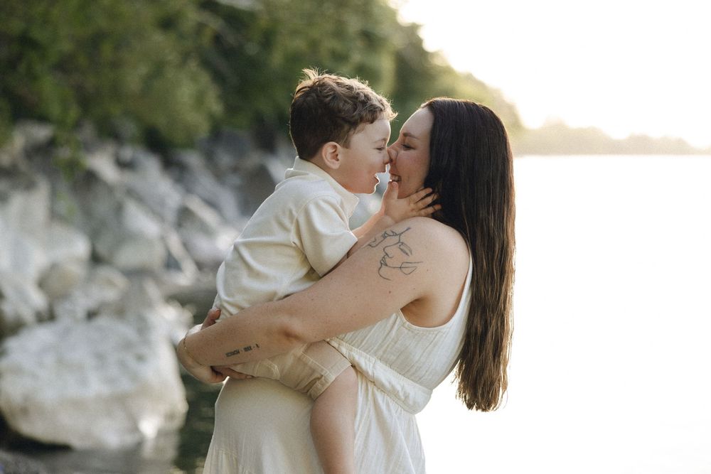 A series of romantic sunset beach photos showing tender embraces and intimate moments between a loving couple.