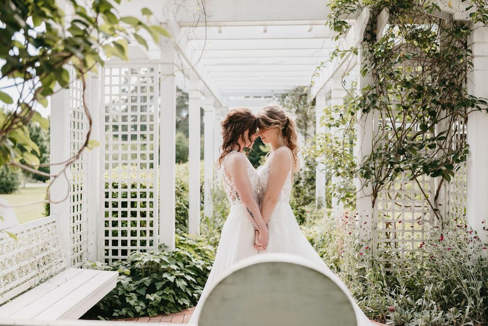 Wedding couple poses in front of a white trellis garden backdrop with greenery and flowers.