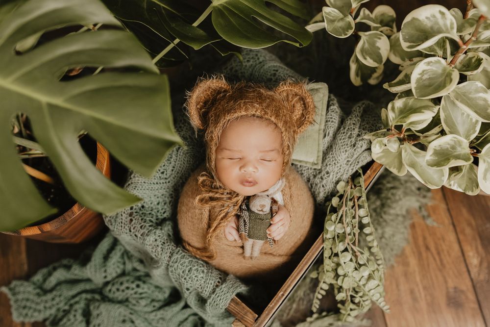 Artistic newborn photo with tropical leaves and floral arrangements in earthy tones.