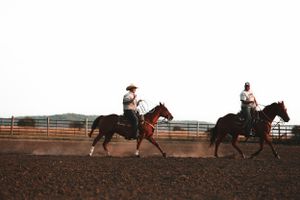 Two riders on horseback training in a dirt arena at dusk.