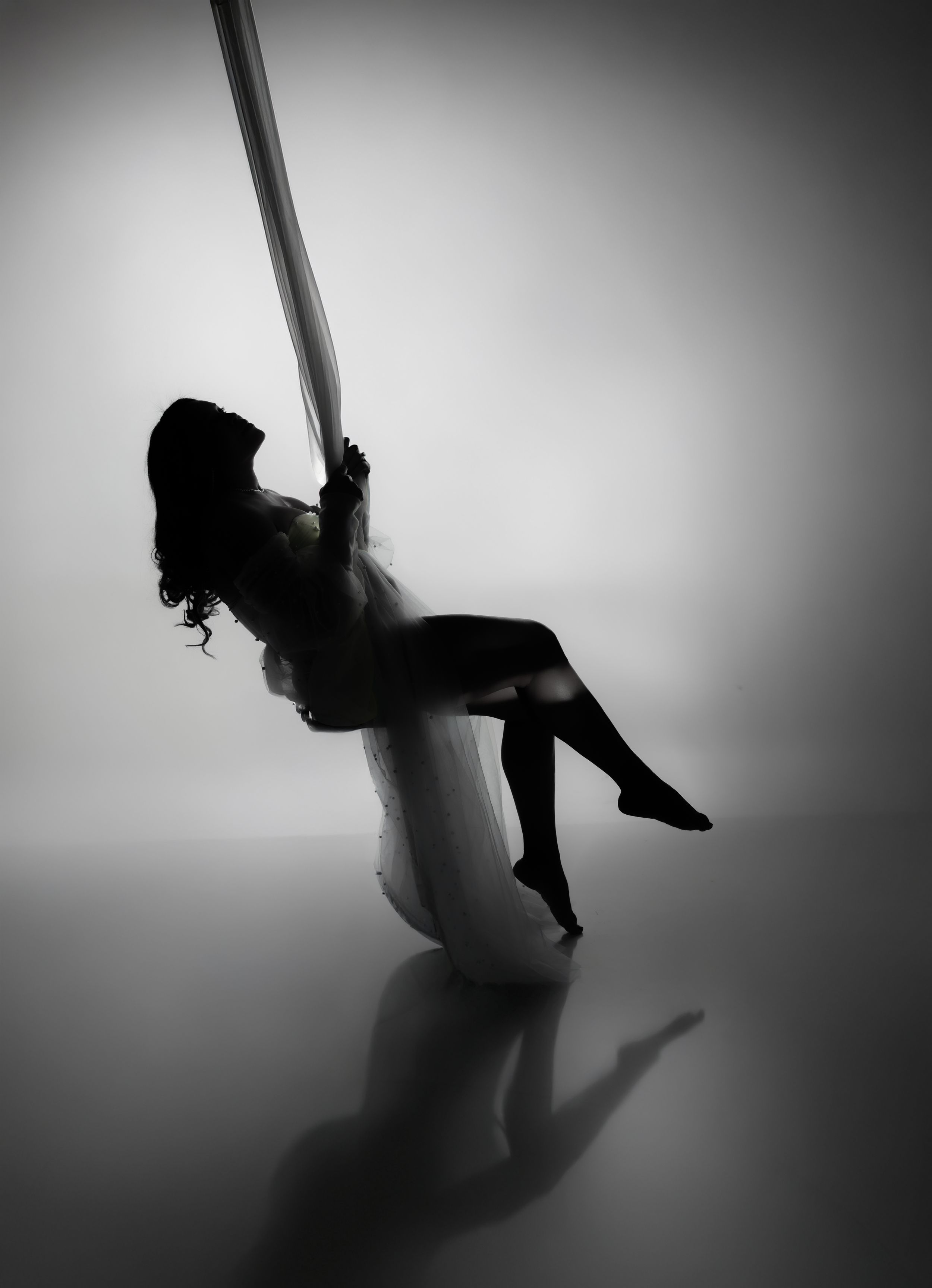 Silhouette of a woman gracefully suspended on aerial silk fabric in a dramatic black and white studio photo.